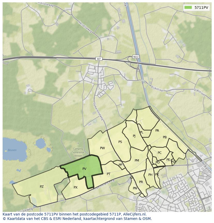 Afbeelding van het postcodegebied 5711 PV op de kaart.