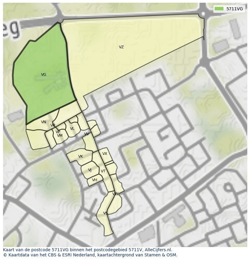 Afbeelding van het postcodegebied 5711 VG op de kaart.