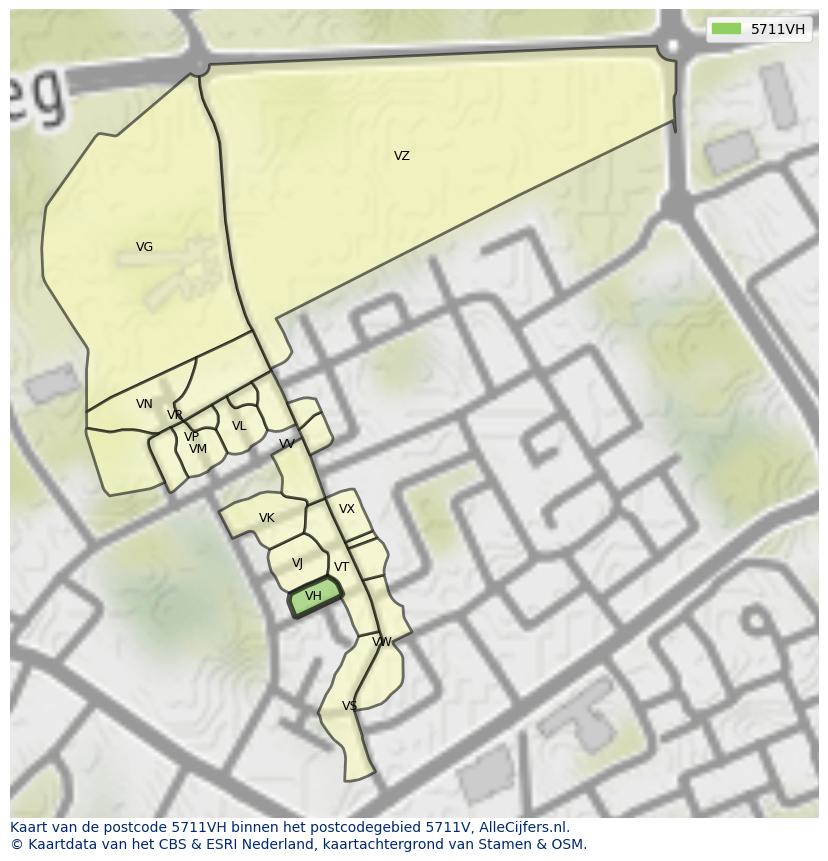Afbeelding van het postcodegebied 5711 VH op de kaart.