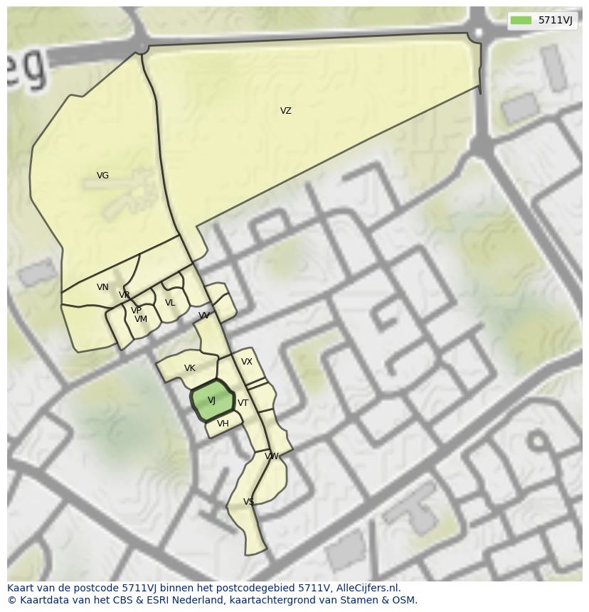 Afbeelding van het postcodegebied 5711 VJ op de kaart.