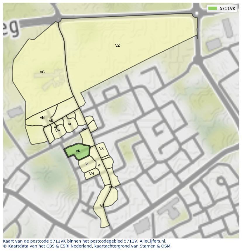Afbeelding van het postcodegebied 5711 VK op de kaart.