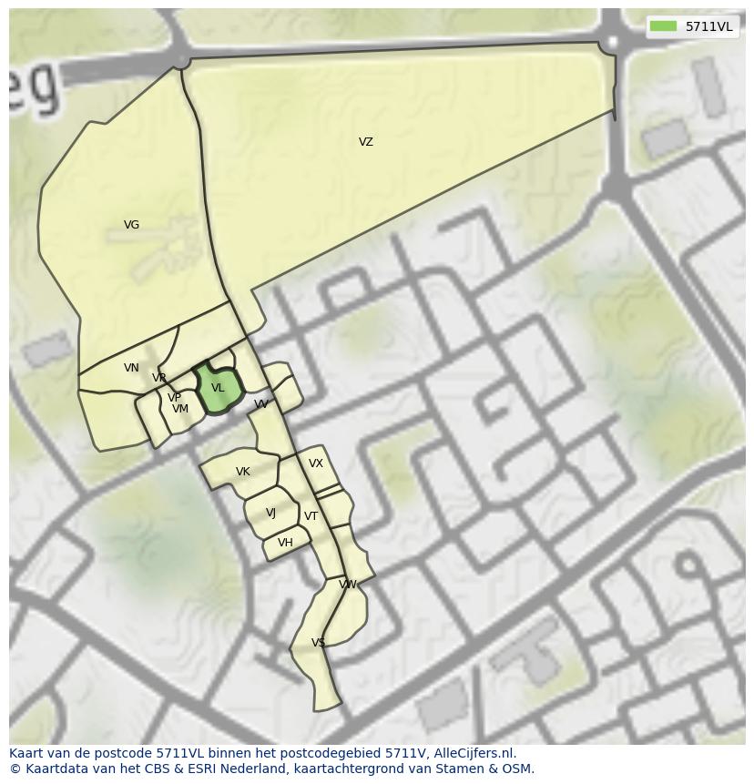 Afbeelding van het postcodegebied 5711 VL op de kaart.