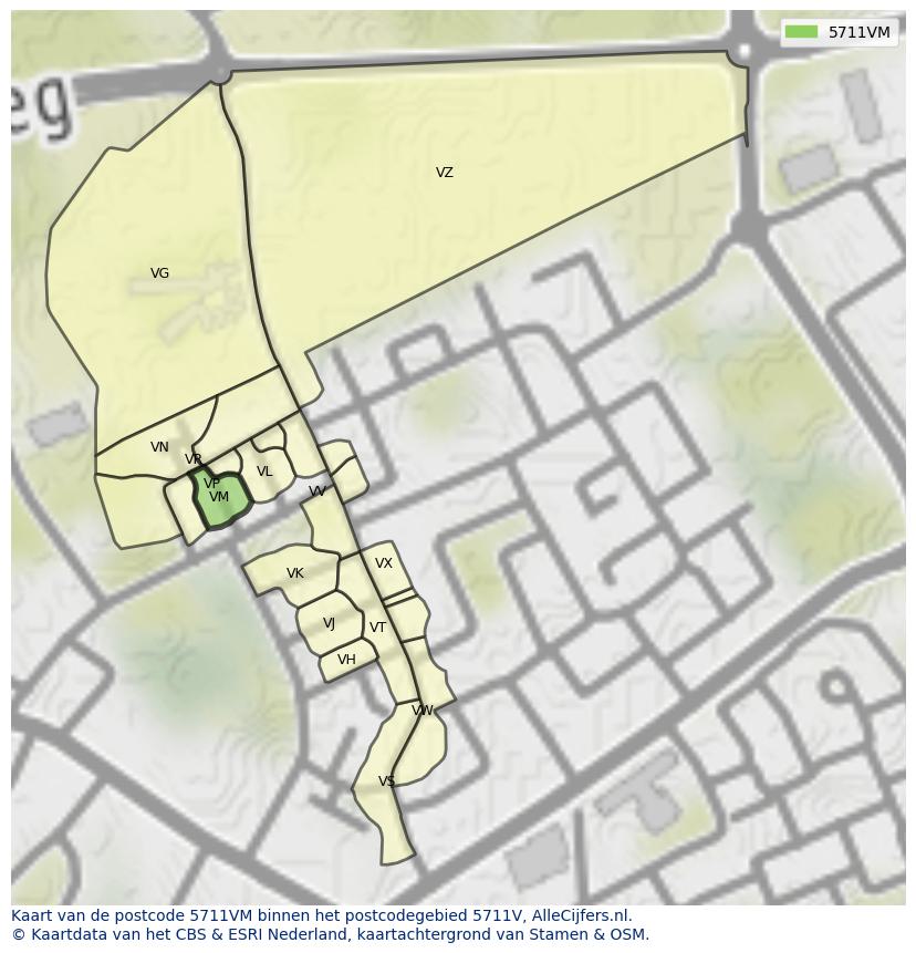Afbeelding van het postcodegebied 5711 VM op de kaart.