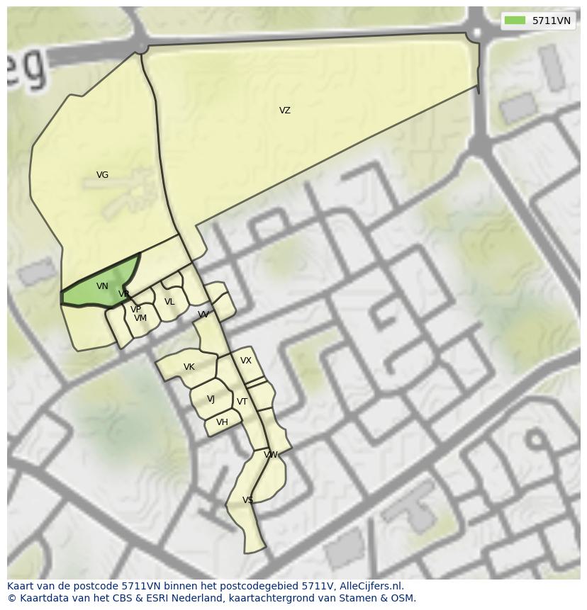 Afbeelding van het postcodegebied 5711 VN op de kaart.