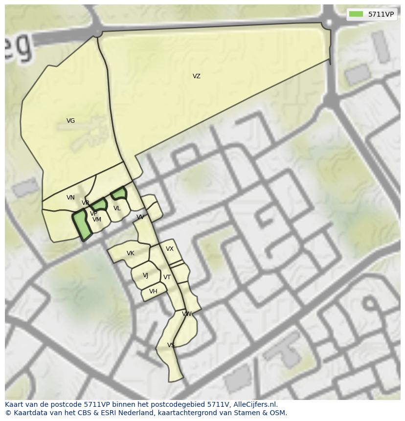 Afbeelding van het postcodegebied 5711 VP op de kaart.