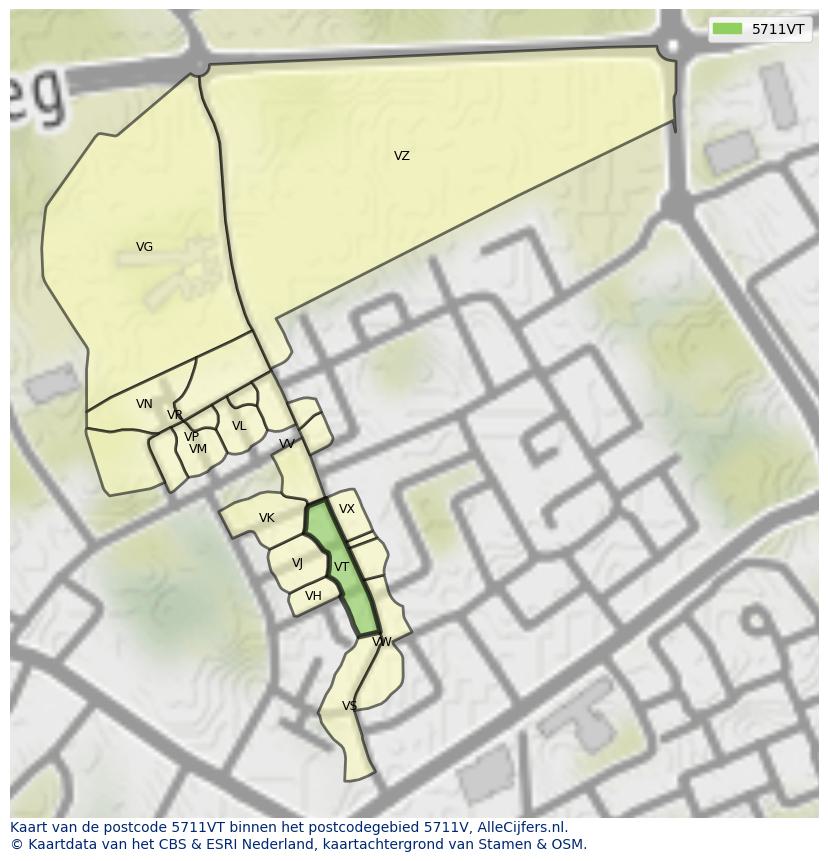 Afbeelding van het postcodegebied 5711 VT op de kaart.