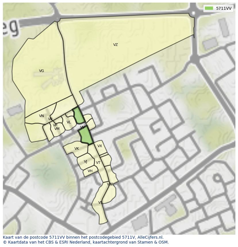 Afbeelding van het postcodegebied 5711 VV op de kaart.