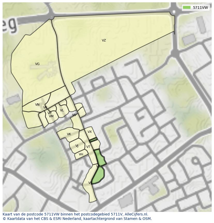 Afbeelding van het postcodegebied 5711 VW op de kaart.