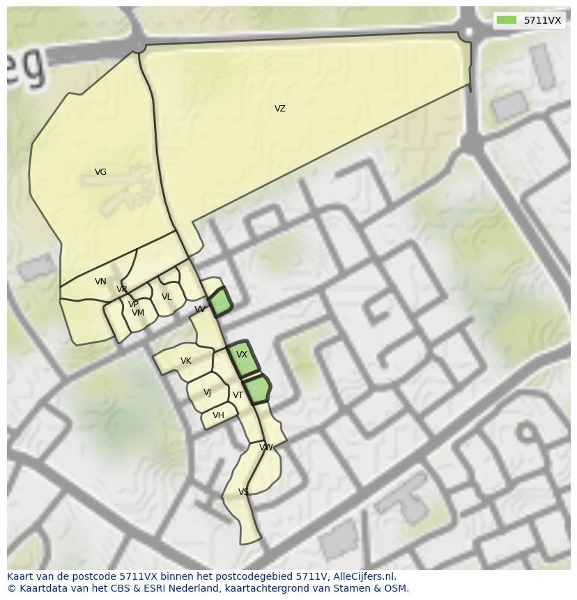 Afbeelding van het postcodegebied 5711 VX op de kaart.