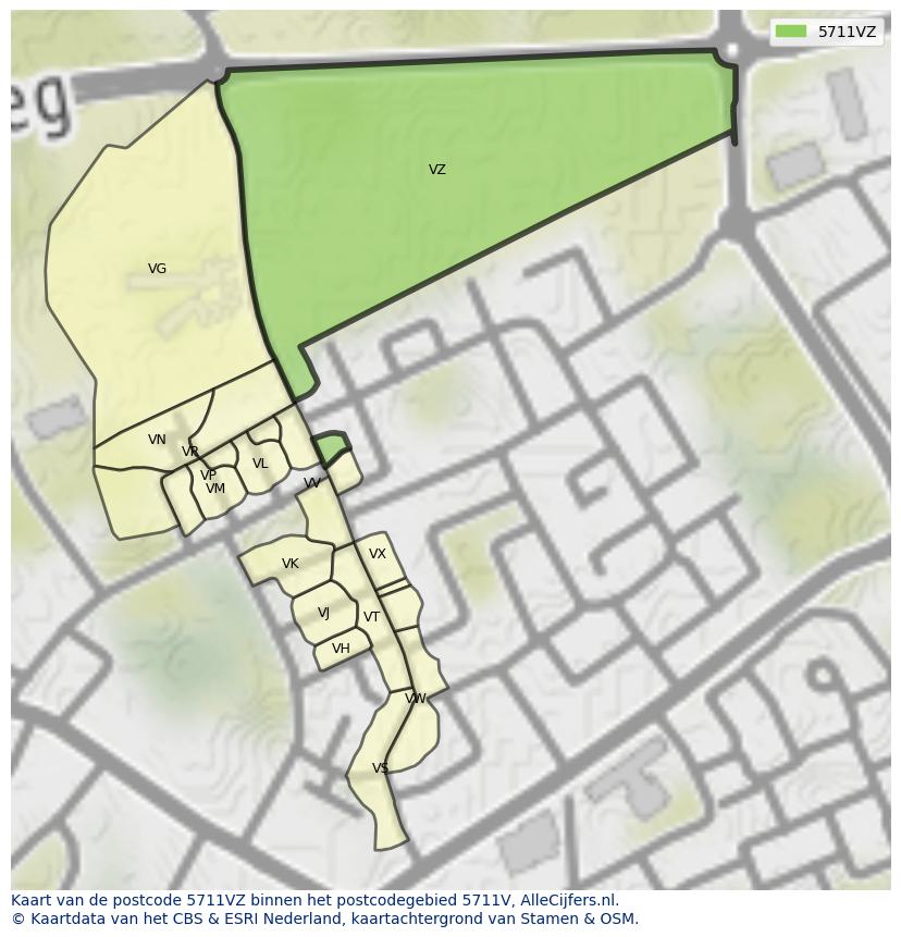Afbeelding van het postcodegebied 5711 VZ op de kaart.