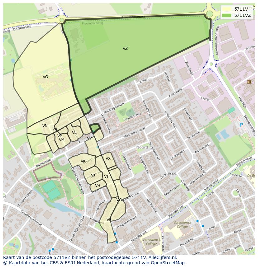 Afbeelding van het postcodegebied 5711 VZ op de kaart.