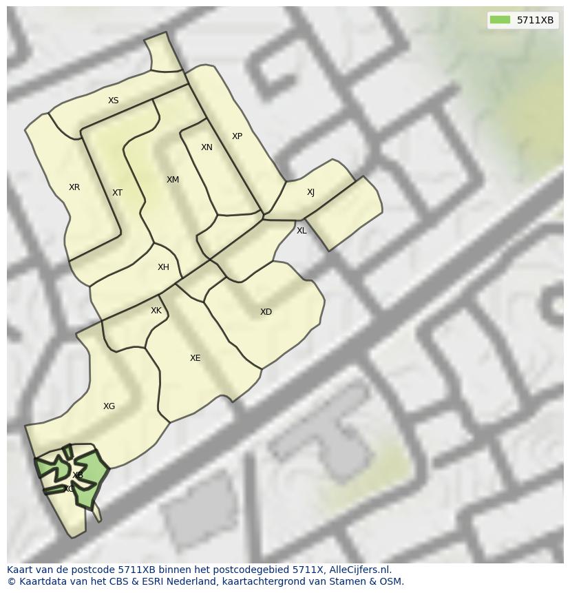 Afbeelding van het postcodegebied 5711 XB op de kaart.