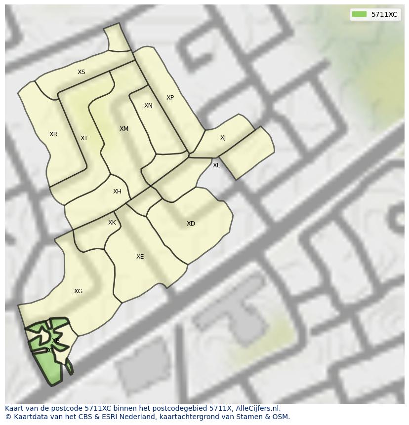 Afbeelding van het postcodegebied 5711 XC op de kaart.