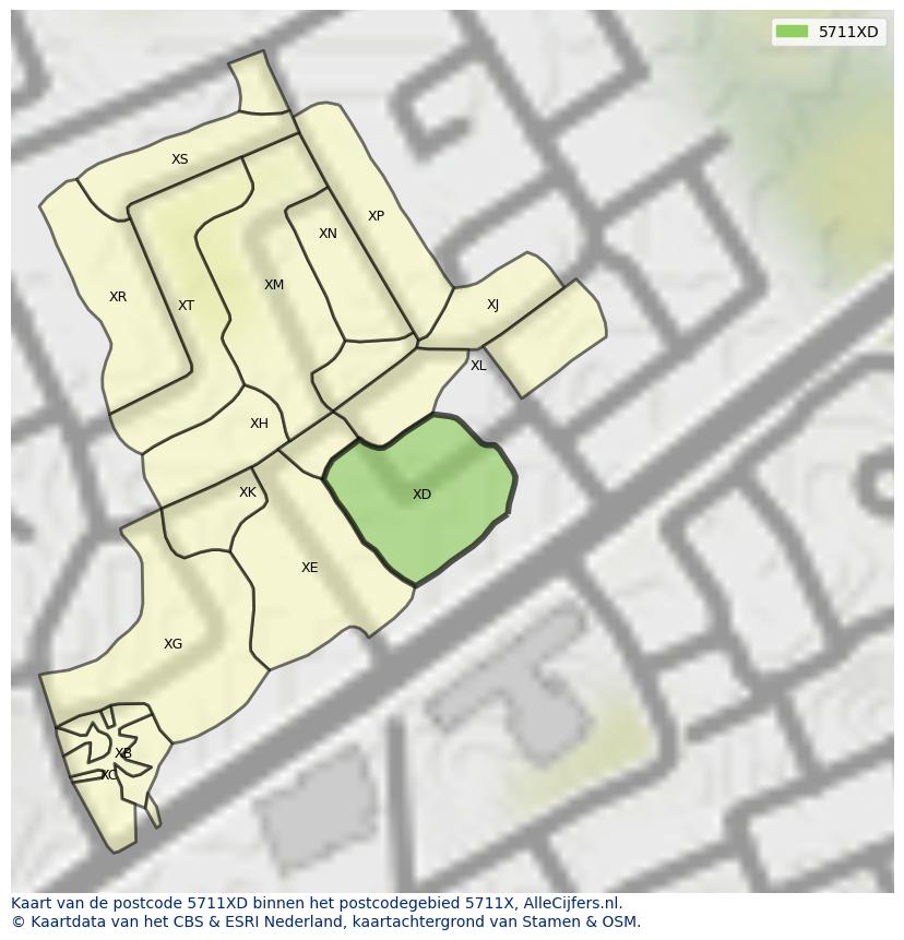 Afbeelding van het postcodegebied 5711 XD op de kaart.