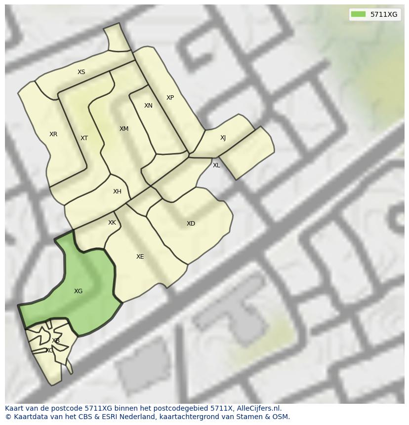 Afbeelding van het postcodegebied 5711 XG op de kaart.