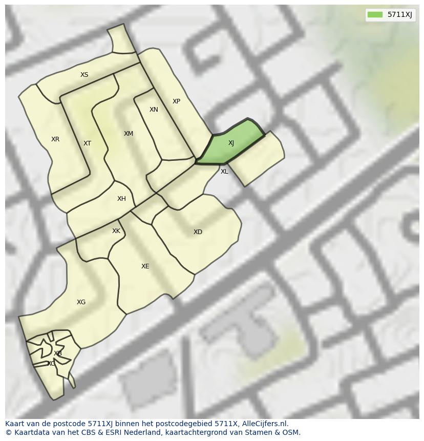 Afbeelding van het postcodegebied 5711 XJ op de kaart.