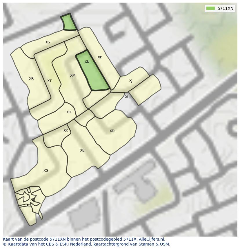 Afbeelding van het postcodegebied 5711 XN op de kaart.