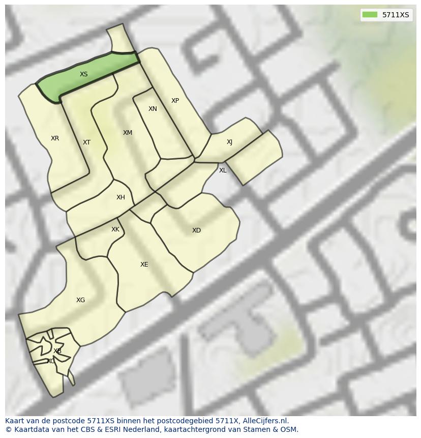 Afbeelding van het postcodegebied 5711 XS op de kaart.