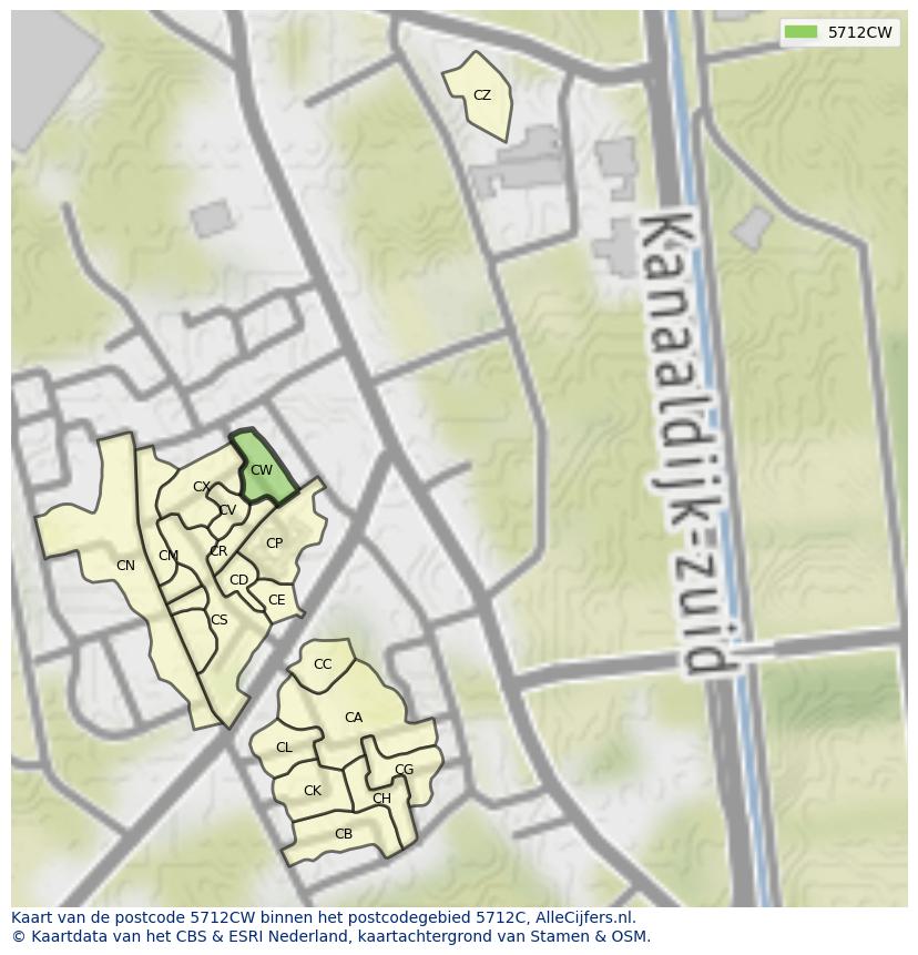 Afbeelding van het postcodegebied 5712 CW op de kaart.