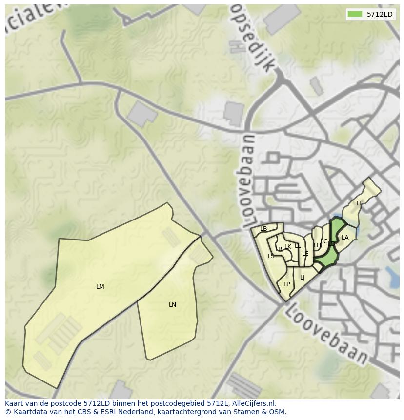 Afbeelding van het postcodegebied 5712 LD op de kaart.