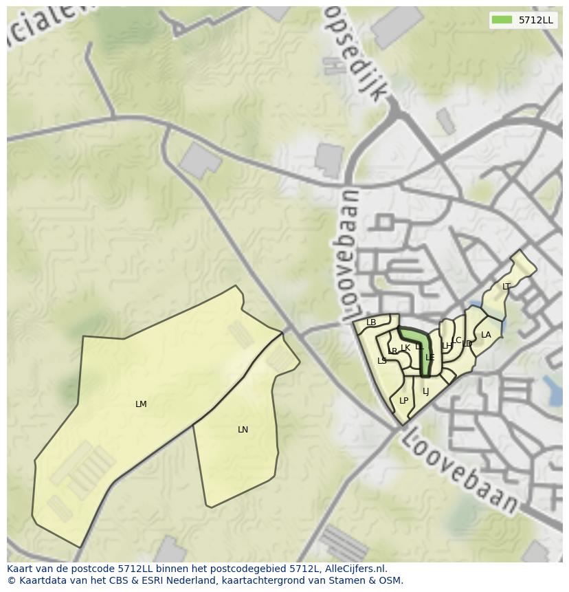 Afbeelding van het postcodegebied 5712 LL op de kaart.