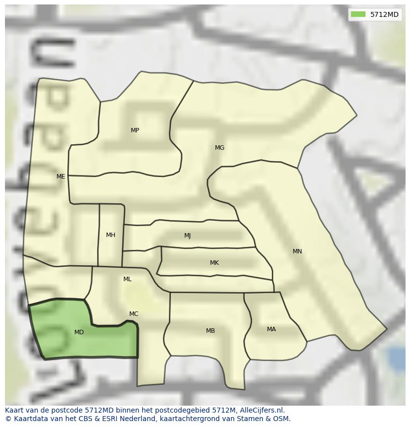Afbeelding van het postcodegebied 5712 MD op de kaart.