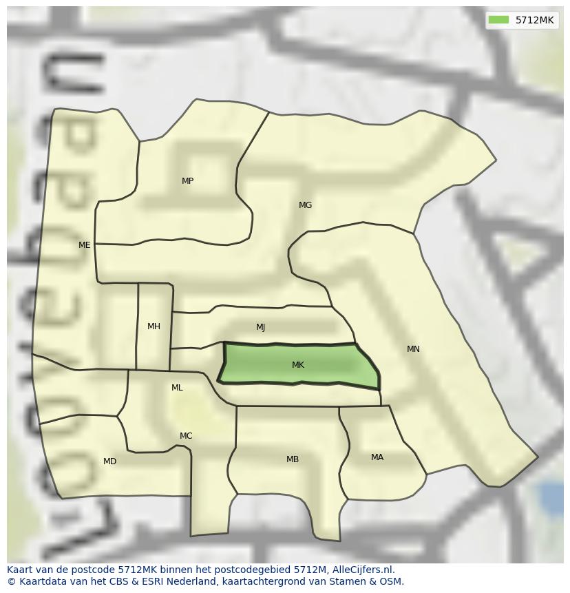 Afbeelding van het postcodegebied 5712 MK op de kaart.