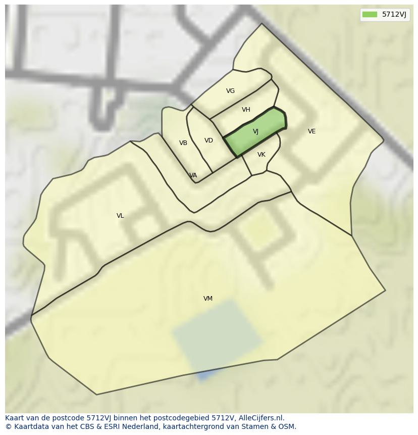 Afbeelding van het postcodegebied 5712 VJ op de kaart.