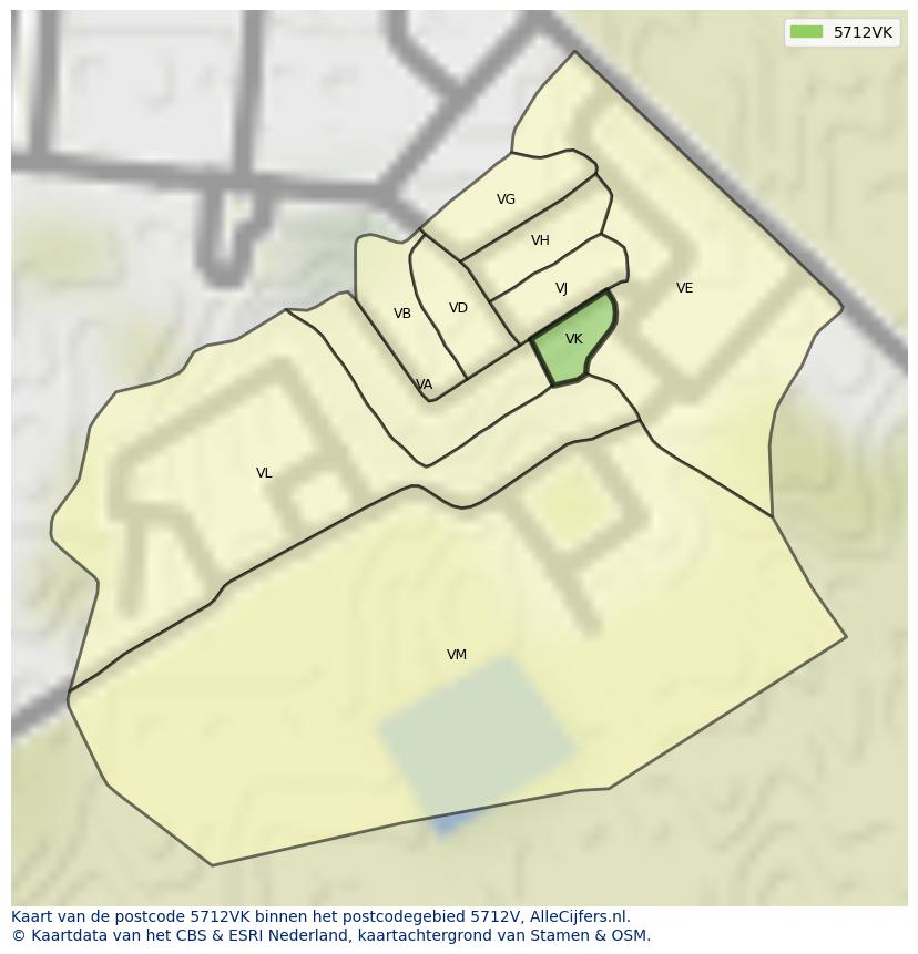 Afbeelding van het postcodegebied 5712 VK op de kaart.