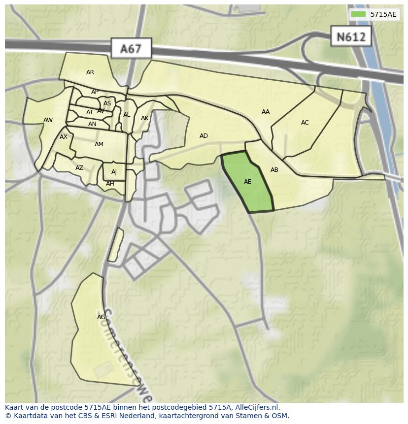 Afbeelding van het postcodegebied 5715 AE op de kaart.