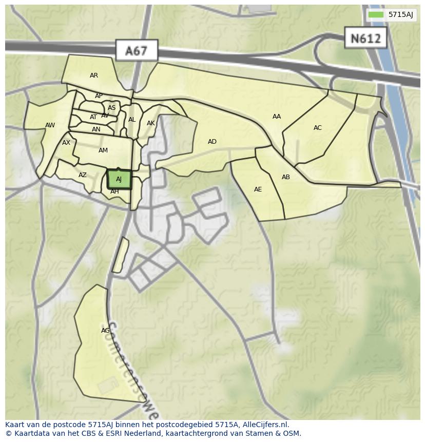 Afbeelding van het postcodegebied 5715 AJ op de kaart.