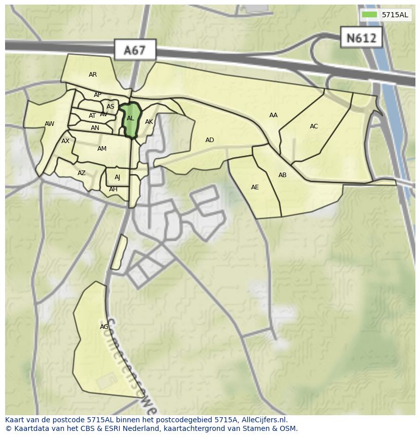Afbeelding van het postcodegebied 5715 AL op de kaart.