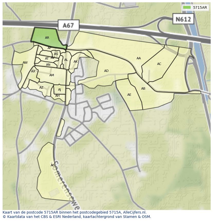 Afbeelding van het postcodegebied 5715 AR op de kaart.