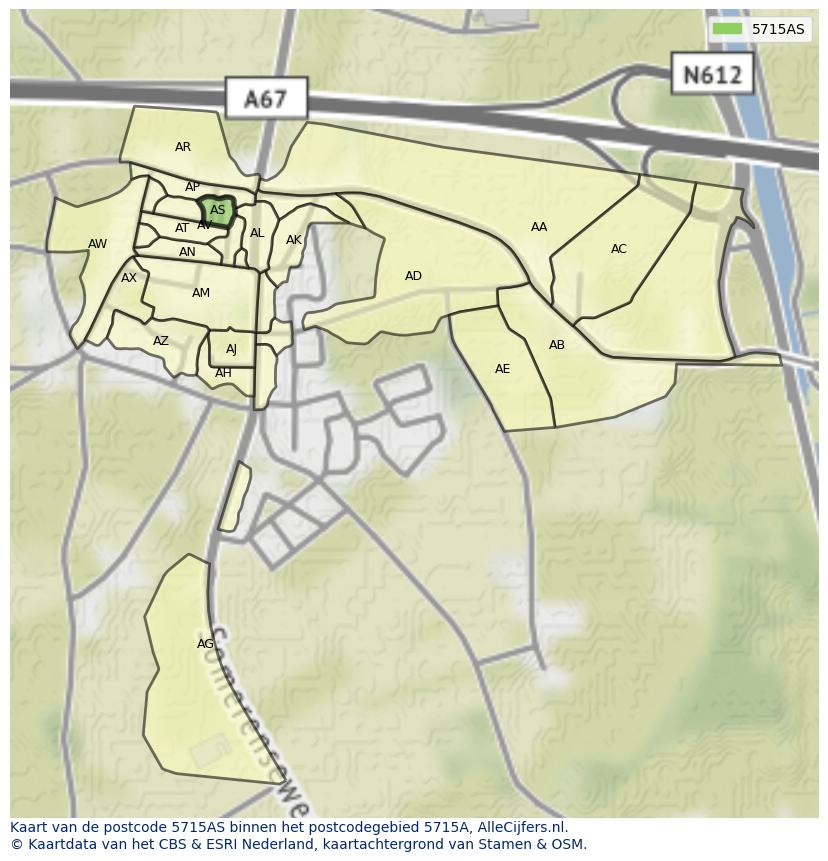 Afbeelding van het postcodegebied 5715 AS op de kaart.