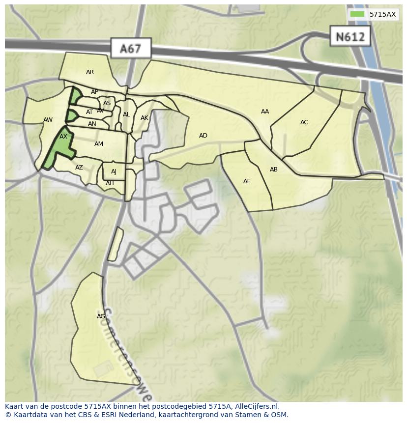 Afbeelding van het postcodegebied 5715 AX op de kaart.