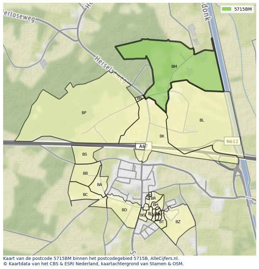 Afbeelding van het postcodegebied 5715 BM op de kaart.