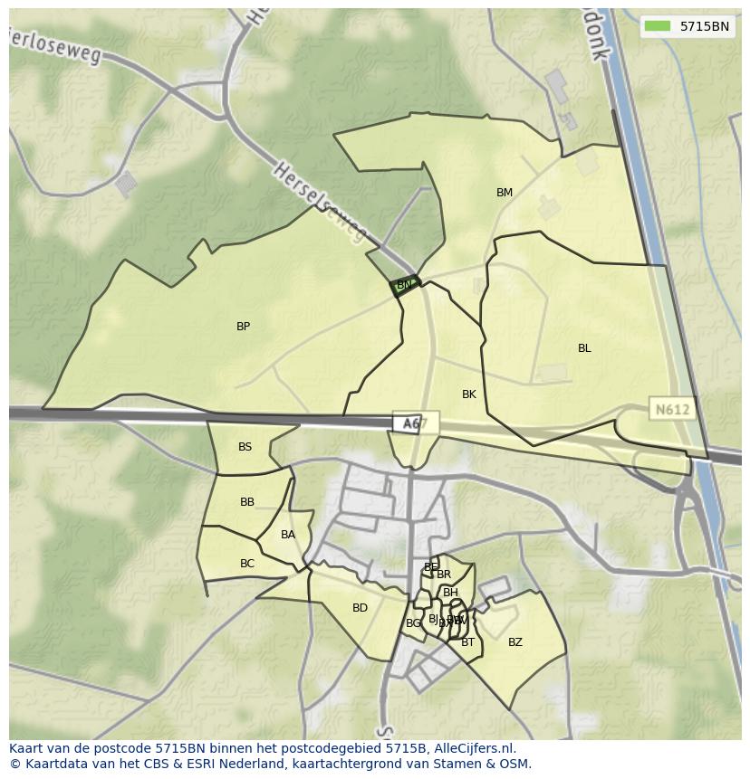 Afbeelding van het postcodegebied 5715 BN op de kaart.