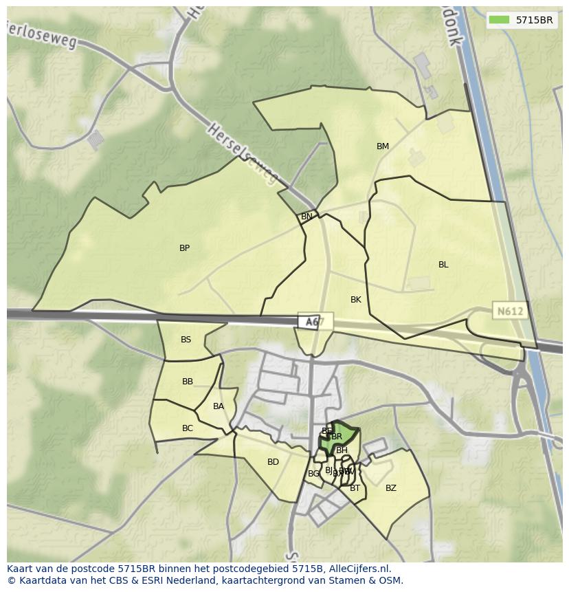 Afbeelding van het postcodegebied 5715 BR op de kaart.