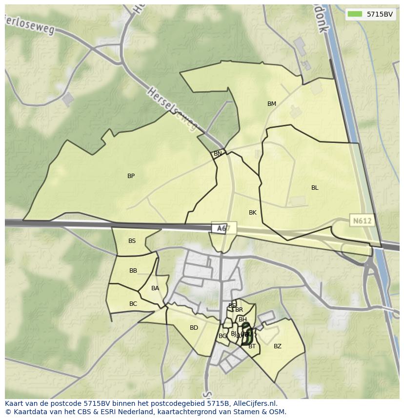 Afbeelding van het postcodegebied 5715 BV op de kaart.