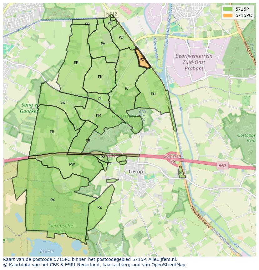 Afbeelding van het postcodegebied 5715 PC op de kaart.