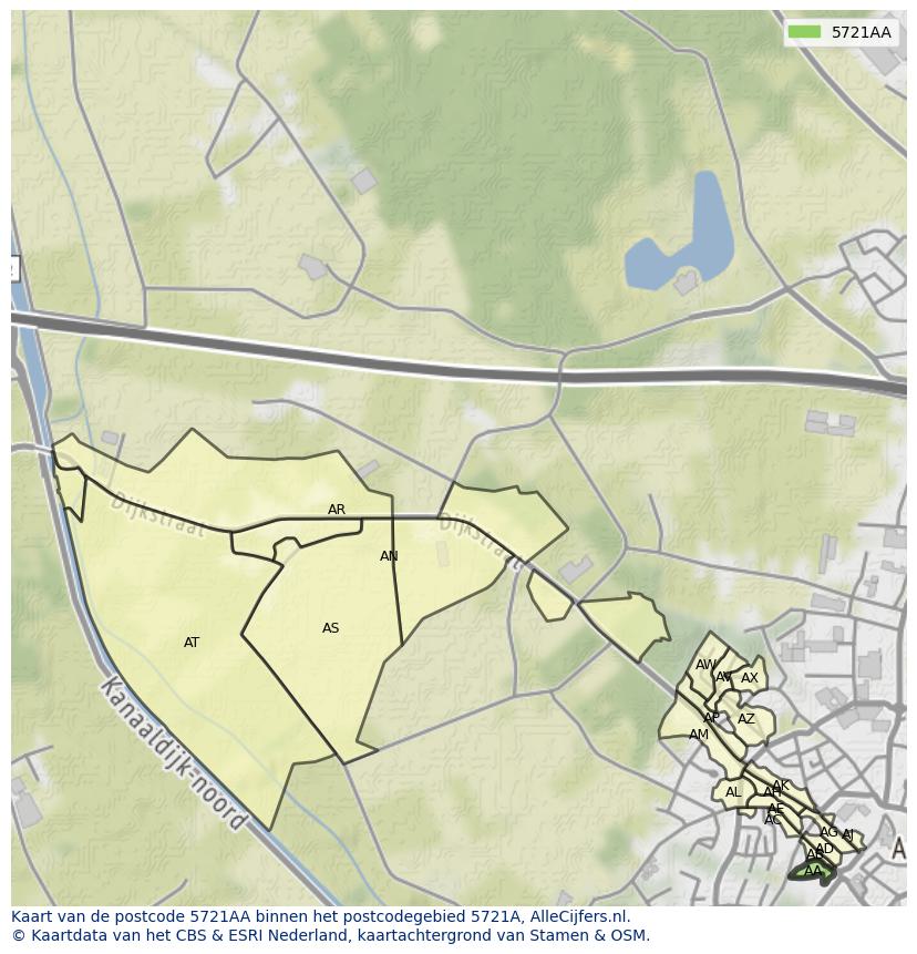 Afbeelding van het postcodegebied 5721 AA op de kaart.