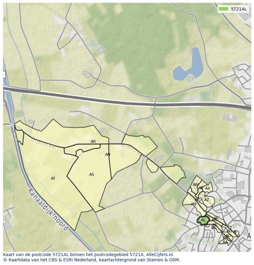 Afbeelding van het postcodegebied 5721 AL op de kaart.