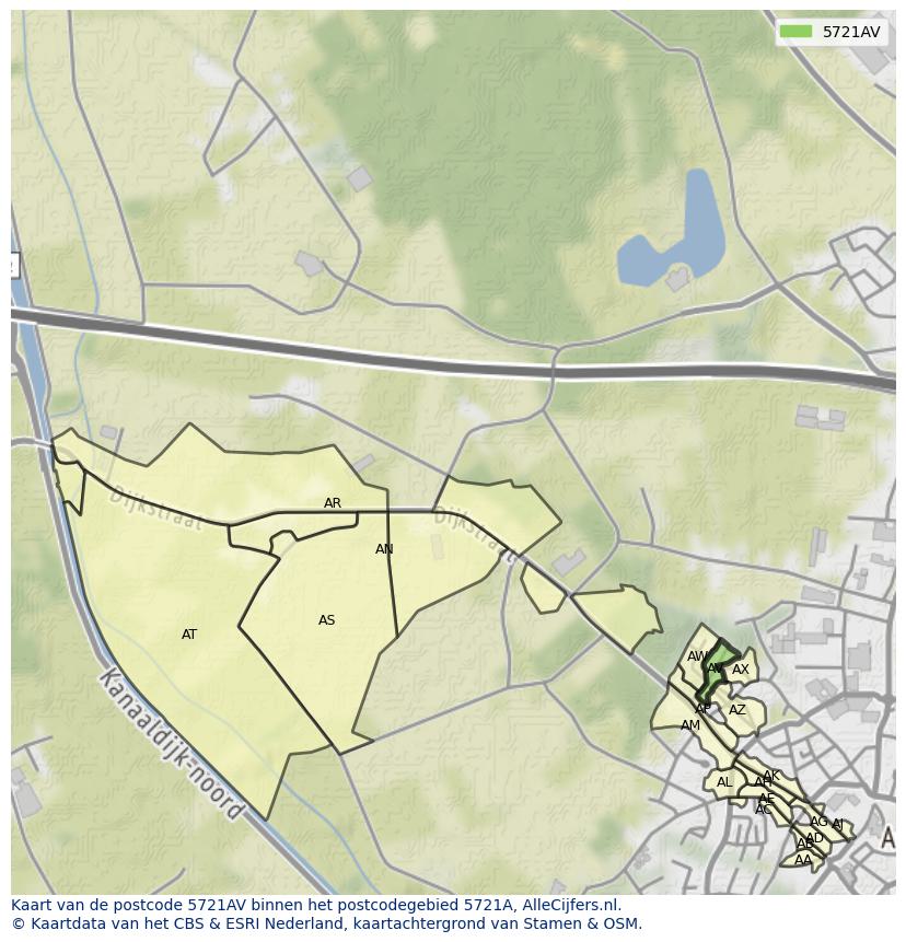 Afbeelding van het postcodegebied 5721 AV op de kaart.
