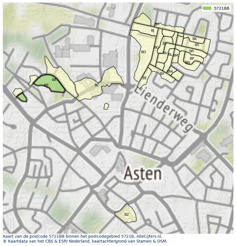 Afbeelding van het postcodegebied 5721 BB op de kaart.