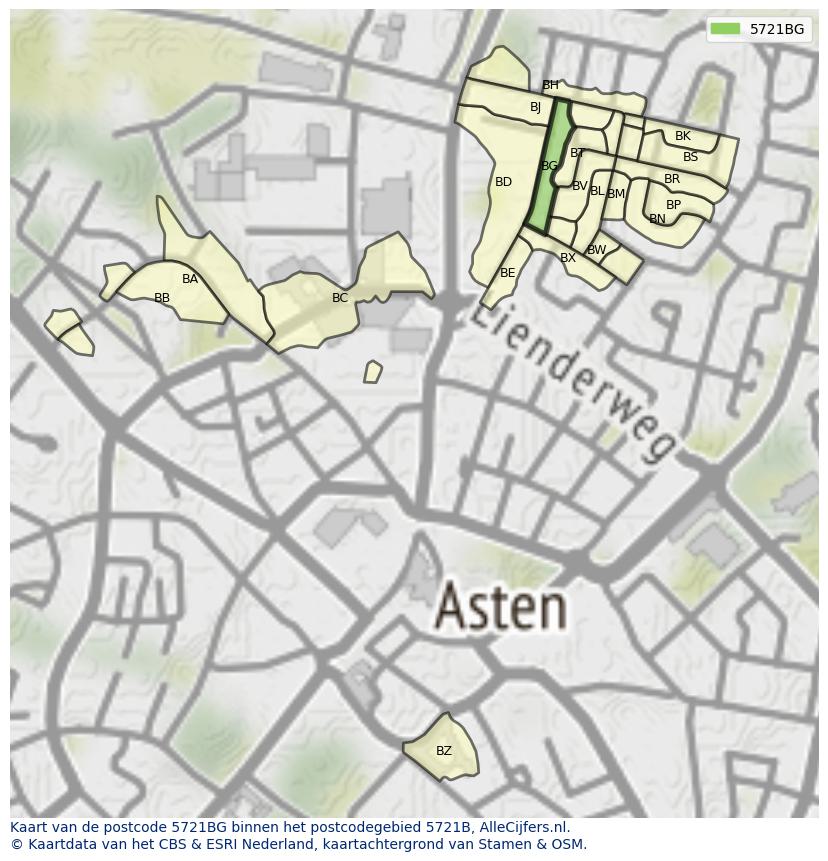 Afbeelding van het postcodegebied 5721 BG op de kaart.