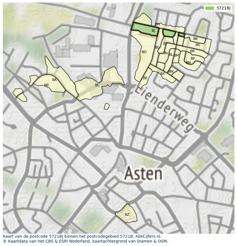 Afbeelding van het postcodegebied 5721 BJ op de kaart.
