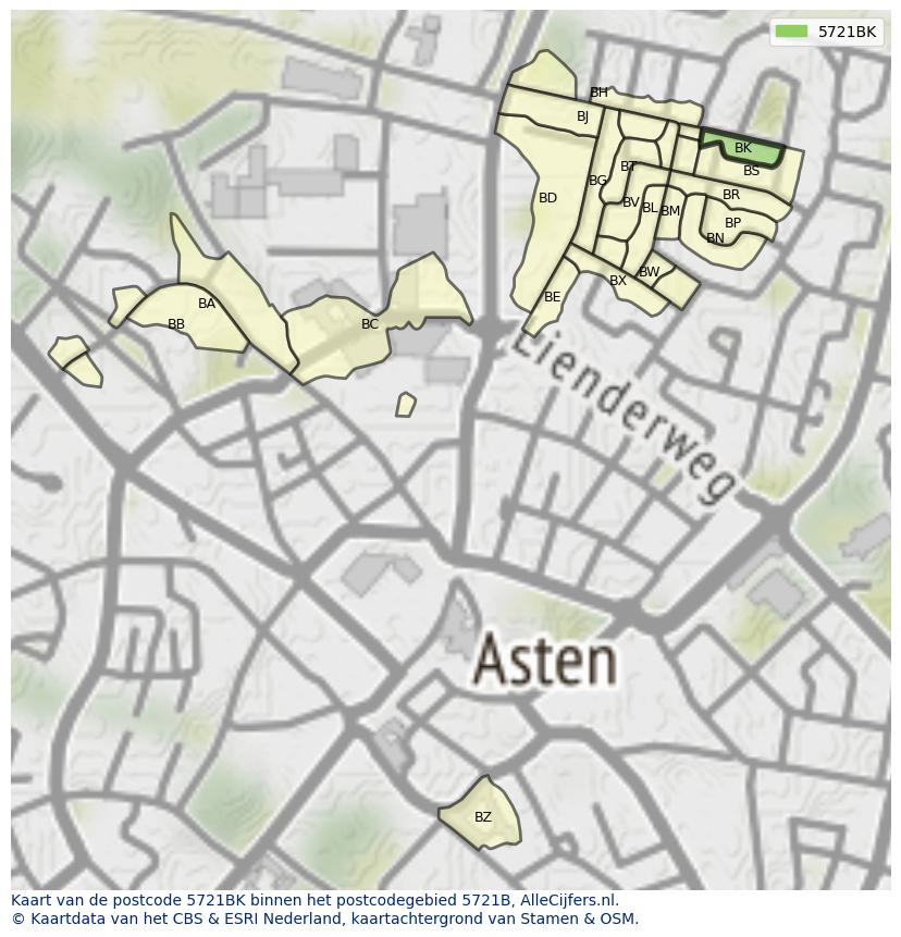 Afbeelding van het postcodegebied 5721 BK op de kaart.