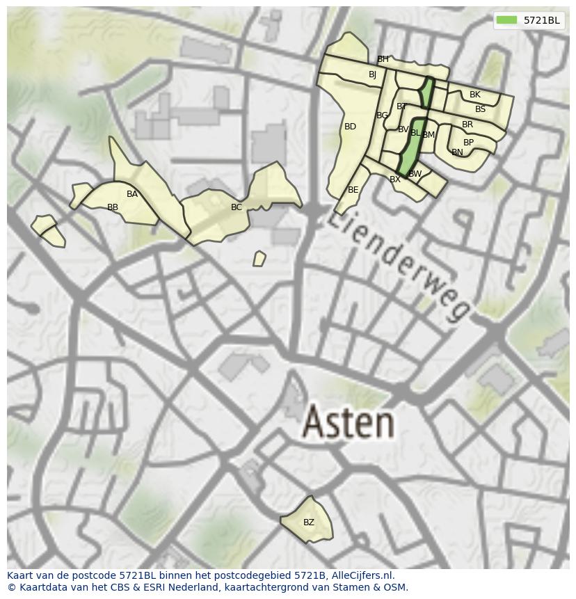 Afbeelding van het postcodegebied 5721 BL op de kaart.