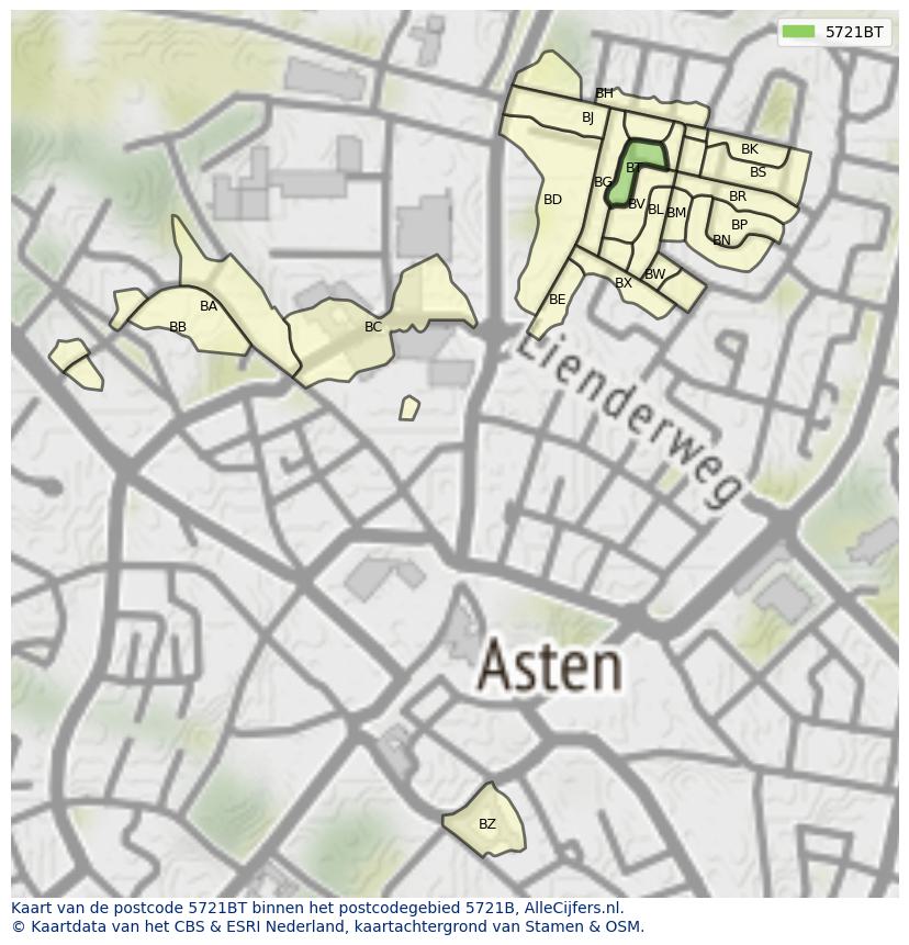 Afbeelding van het postcodegebied 5721 BT op de kaart.