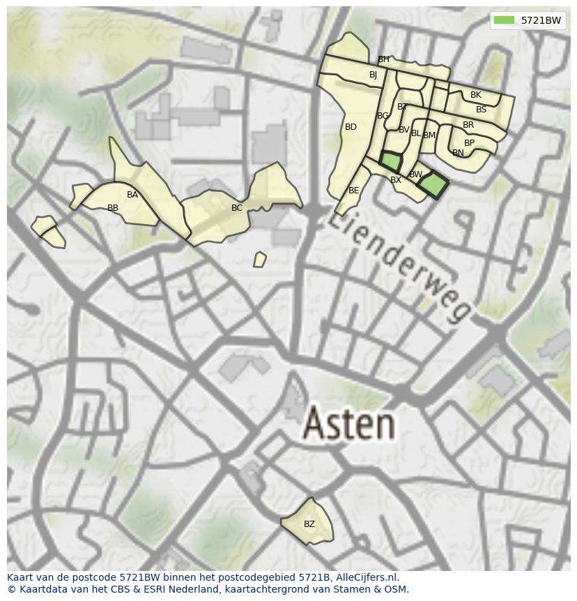 Afbeelding van het postcodegebied 5721 BW op de kaart.